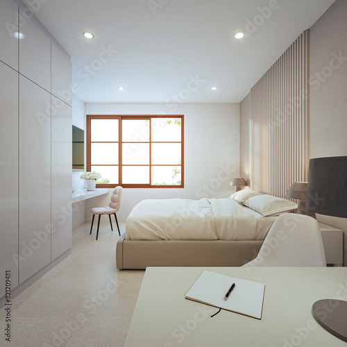 Bed on white tile floor of bright bedroom. Minimal home interior 3d rendering in modern house.