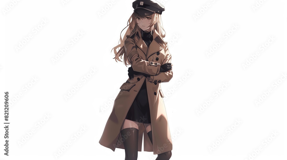 Obraz premium Stylish anime girl in a trench coat and hat poses confidently, fashion illustration in elegant fall attire on a white background.