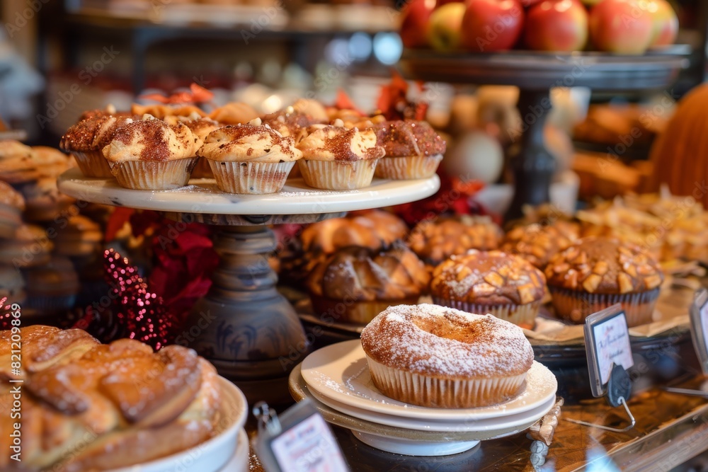 Festive Autumn Bakery Cafe Decor with Seasonal Pumpkin Spice Muffins and Apple Turnovers for Fall