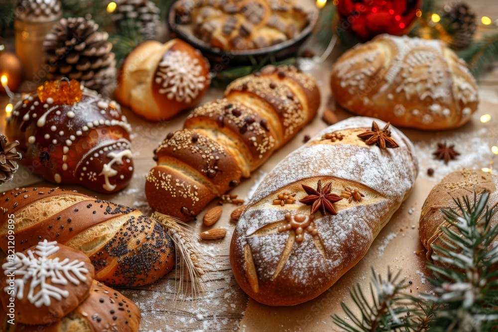 Festive Holiday Bakery Scene with Christmas-Themed Decorative Breads for Seasonal Celebration Design Festive Holiday Bakery Scene with Christmas-Themed Decorative Breads for Seasonal Celebration Design