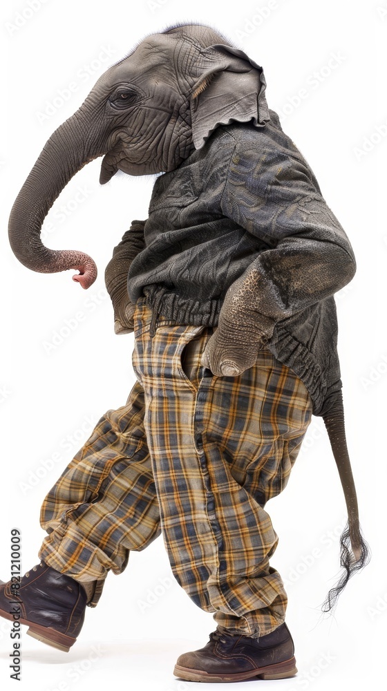 A fashion show featuring elephants strutting down the runway in stylish pants.,space for text,isolated on white background A fashion show featuring elephants strutting down the runway in stylish pants.,space for text,isolated on white background