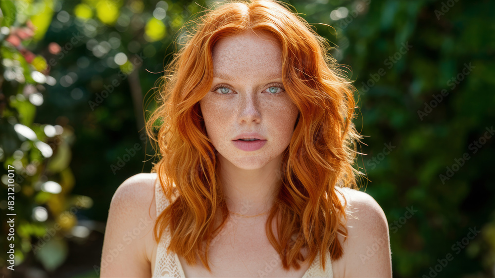Fototapeta premium Beautiful young woman with red hair and freckles in a summer garden