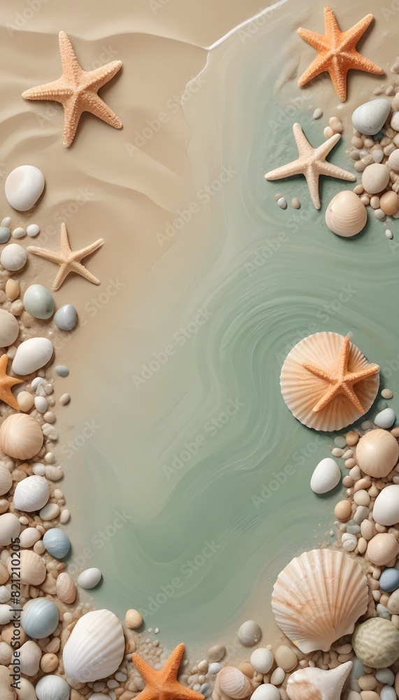 Colorful starfish and seashells on a sandy beach with waves in the background Colorful starfish and seashells on a sandy beach with waves in the background