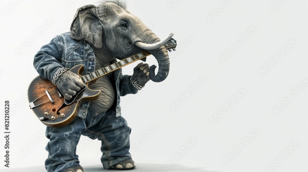 An elephant wearing denim pants, playing a guitar at a rock concert.,space for text,isolated on white background An elephant wearing denim pants, playing a guitar at a rock concert.,space for text,isolated on white background