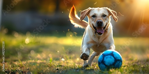 Exciting scene of dog chasing soccer ball with wagging tail across field. Concept Animals, Pet Photography, Sports, Outdoor Fun, Playful Scene