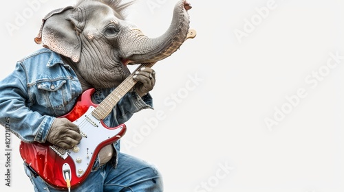 An elephant wearing denim pants, playing a guitar at a rock concert.,space for text,isolated on white background