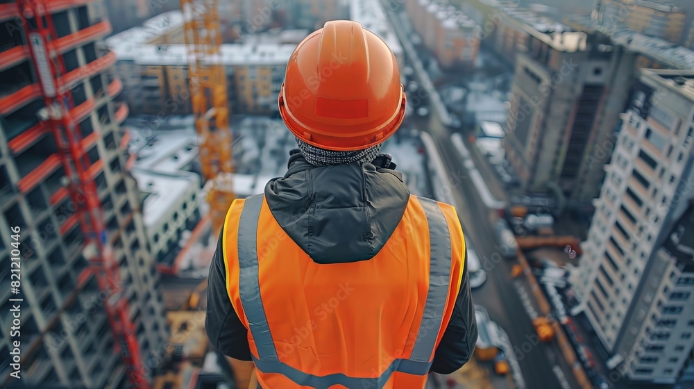 Safety officer in high visibility vest and helmet, overseeing construction site from height Safety officer in high visibility vest and helmet, overseeing construction site from height