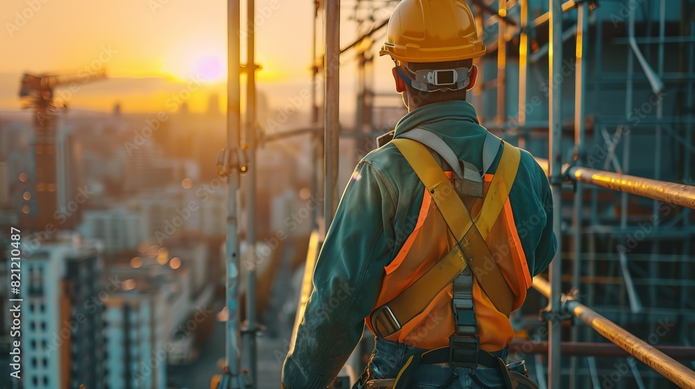 Focused construction worker in safety harness installing heavy equipment on scaffolding Focused construction worker in safety harness installing heavy equipment on scaffolding