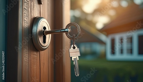 Landlord key for unlocking house is plugged into the door. Second hand house for rent and sale. keychain is blowing in the wind. mortgage for new home, buy, sell, renovate, Ai Generate  photo