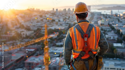 Construction team wearing safety harnesses coordinating on a high rooftop, urban landscape