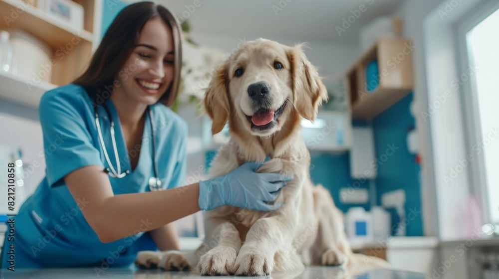 Smiling veterinarian examining a cute dog's paw in a bright, modern clinic. Smiling veterinarian examining a cute dog's paw in a bright, modern clinic.