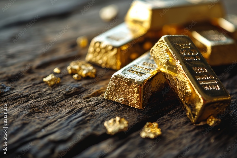 Gold bars background, Gold bars on a wooden background, AI-generated Gold bars background, Gold bars on a wooden background, AI-generated