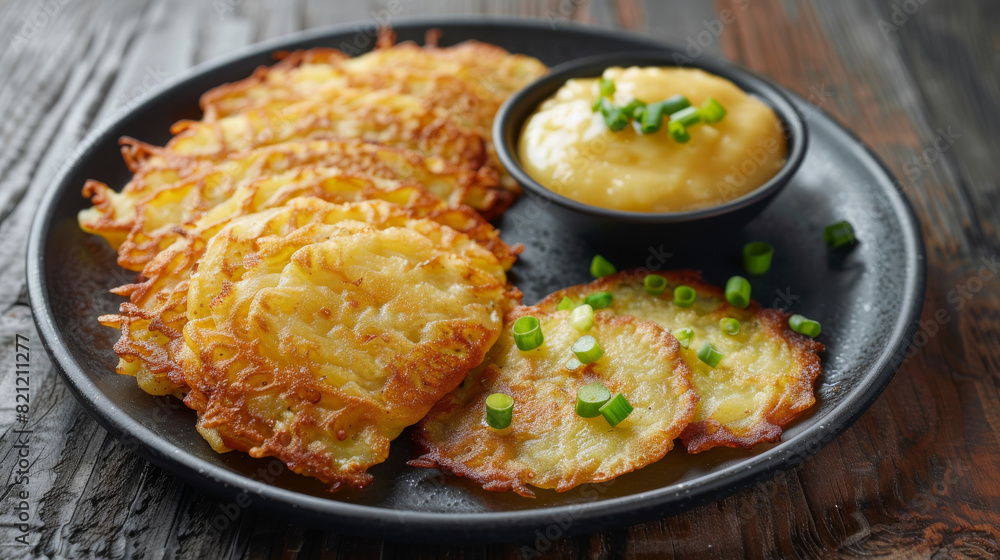 Delicious ukrainian potato pancakes with sweet apple sauce and fresh green onions, presented on a stylish black ceramic plate