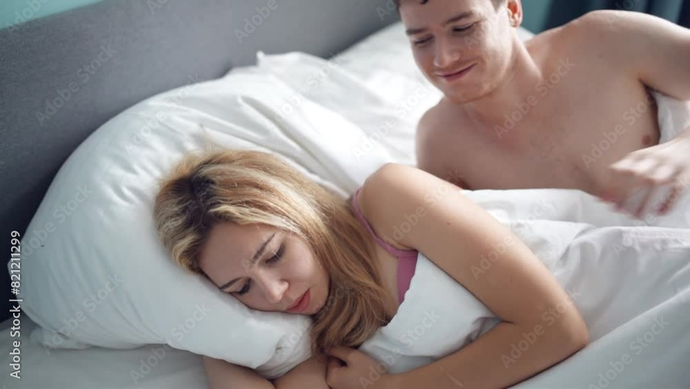 Sad woman and man, husband in bed, lack of sexual activity in family. Young unhappy couple having problem in bedroom, quarrel between lovers. Divorce, marriage, conflict, family crisis, love concept. Sad woman and man, husband in bed, lack of sexual activity in family. Young unhappy couple having problem in bedroom, quarrel between lovers. Divorce, marriage, conflict, family crisis, love concept.