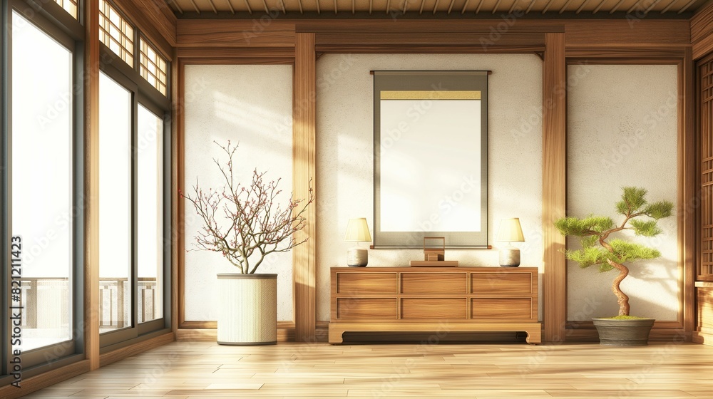 Frame mockup, modern hanok style home room interior Frame mockup, modern hanok style home room interior