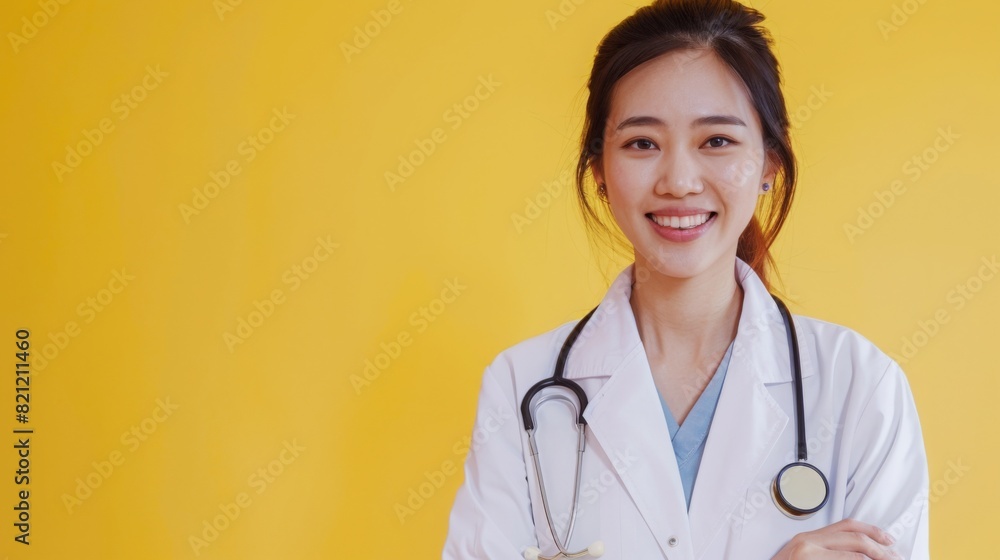 Asian female doctor stands confidently with a warm smile, wearing a white coat and stethoscope, in front of a bright yellow backdrop. Asian female doctor stands confidently with a warm smile, wearing a white coat and stethoscope, in front of a bright yellow backdrop.
