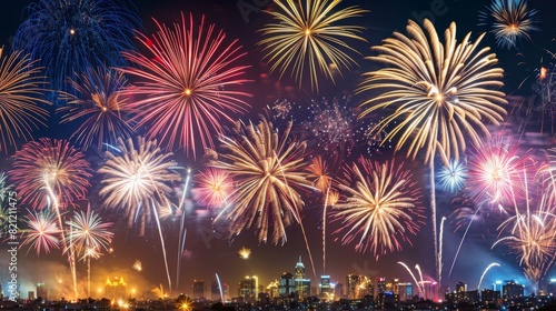 Spectacular display of fireworks over a city skyline during a festive event.