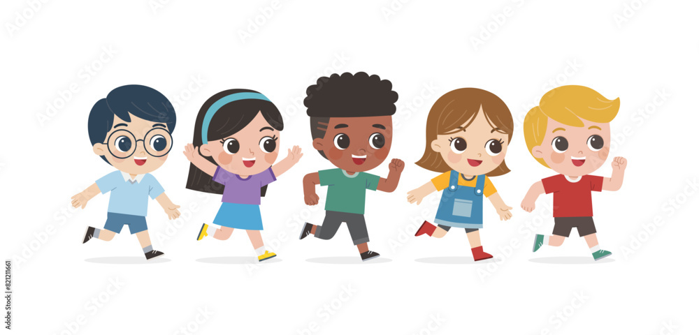 Happy Kids are walking on white background. Children's activities. Back to school.