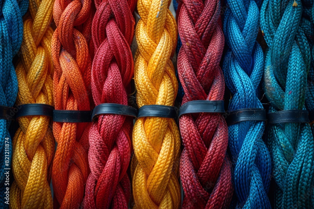 A full frame of various colorful coiled ropes arranged in a tight pattern captured in high detail A full frame of various colorful coiled ropes arranged in a tight pattern captured in high detail