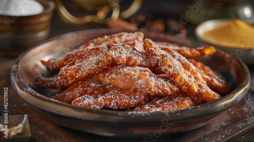 Delicious homemade verhuny, ukrainian twisted pastries, sprinkled with powdered sugar, served on a vintage plate with rustic kitchen background