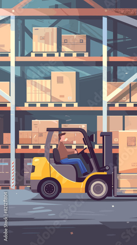  Industrial Forklift Machine Efficiently Moving Cargo Containers and Wooden Product Boxes in Warehouse