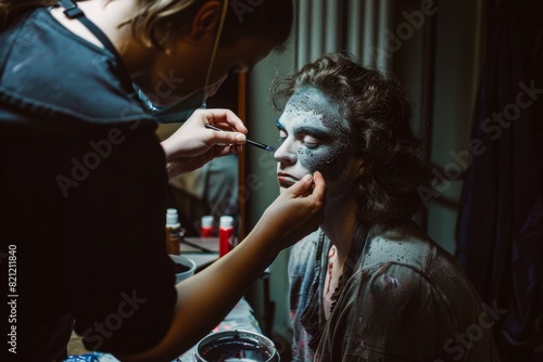 Makeup Artist Applying Stage Makeup to Actor in Dressing Room - Transformation Process for Theater Performance