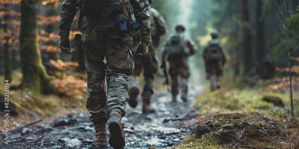Obraz premium Soldiers in camouflaged uniforms trek through a forest, representing military training, teamwork, and perseverance