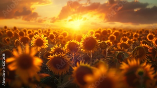 Sunflower field with a dramatic sunset casting warm hues over the scene. © Plaifah