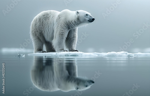 Polar bear on ice floe  reflection in the arctic sea  melting icebergs  polar environment. Symbol of climate change  global warming. Ice bears are threatened with starvation. Ice and permafrost melts.