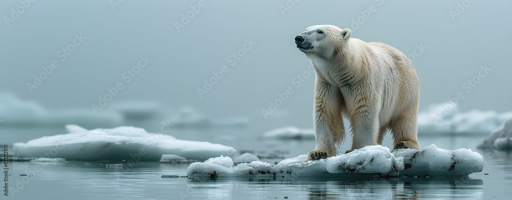 Polar bear on ice floe, reflection in the arctic sea, melting icebergs ...