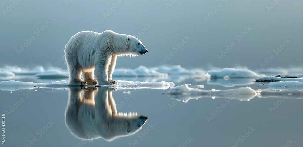 Polar bear on ice floe, reflection in the arctic sea, melting icebergs ...