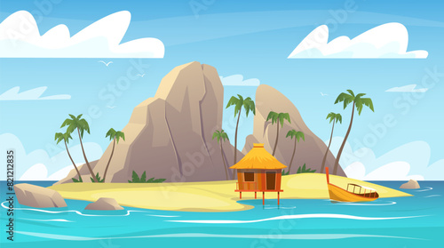 Tropical island landscape. Sandy beach with rocks. Palm trees or mountains. Bungalows on stilts. Paradise summer vacation at sea. Ocean coast nature. Scenic seascape. Vector background