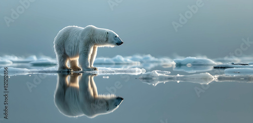 Polar bear on ice floe, reflection in the arctic sea, melting icebergs, polar environment. Symbol of climate change, global warming. Ice bears are threatened with starvation. Ice and permafrost melts. photo