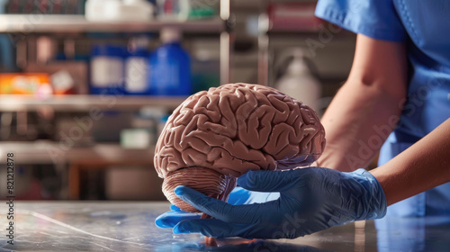 A healthcare professional in gloves handling a realistic model of the human brain in a laboratory setting. Science and education concept. photo