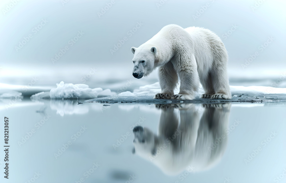 Polar bear on ice floe, reflection in the arctic sea, melting icebergs ...