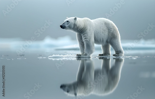 Polar bear on ice floe  reflection in the arctic sea  melting icebergs  polar environment. Symbol of climate change  global warming. Ice bears are threatened with starvation. Ice and permafrost melts.