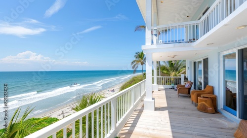A beachfront villa or vacation rental with a spacious balcony overlooking the ocean  providing room for adding vacation rental details or special offers.