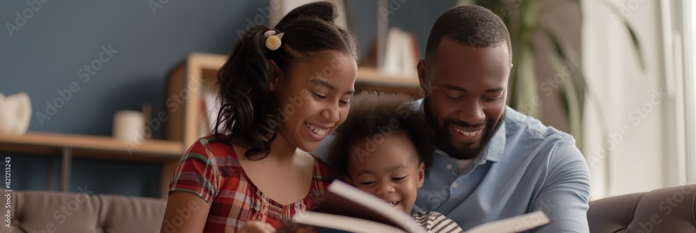 A happy family with two children enjoys reading a book at home