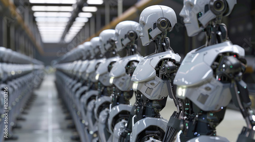 A line of humanoid robots with intricate designs working on an assembly line in a modern, industrial setting.