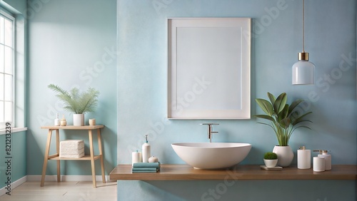 Minimalist Bathroom Frame Mockup     Frosted Glass Frame  A sleek bathroom with a frosted glass frame on a light blue wall  ideal for modern and elegant decor. 