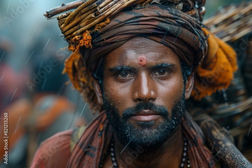 A traditionally dressed holy man looks pensively at the camera, with rain adding to the intense atmosphere
