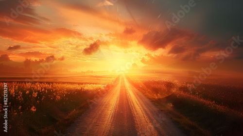 The Last Sunset Rays Illuminating an Empty Road Stretching Beyond the Horizon on isolated background 