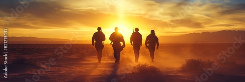 Silhouettes of military personnel walking in the desert at sunset, evoking themes of mission and camaraderie photo