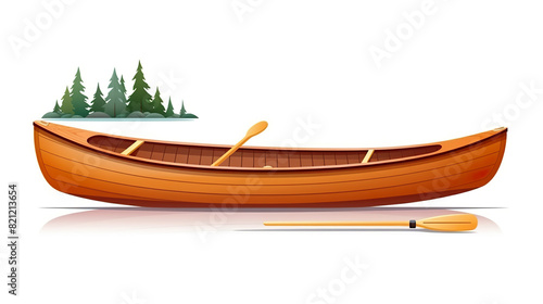 An isolated wooden boat with a paddle against a stark white background