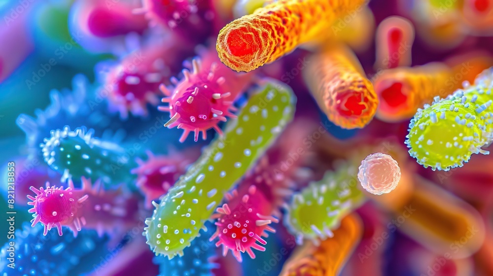 Closeup of diverse bacteria under a microscope Closeup of diverse bacteria under a microscope