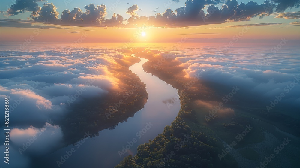 Angle aerial view of the winding river is lined with clouds and mist. There is the morning sun and a few clouds in the blue sky in the distance. Generative AI.