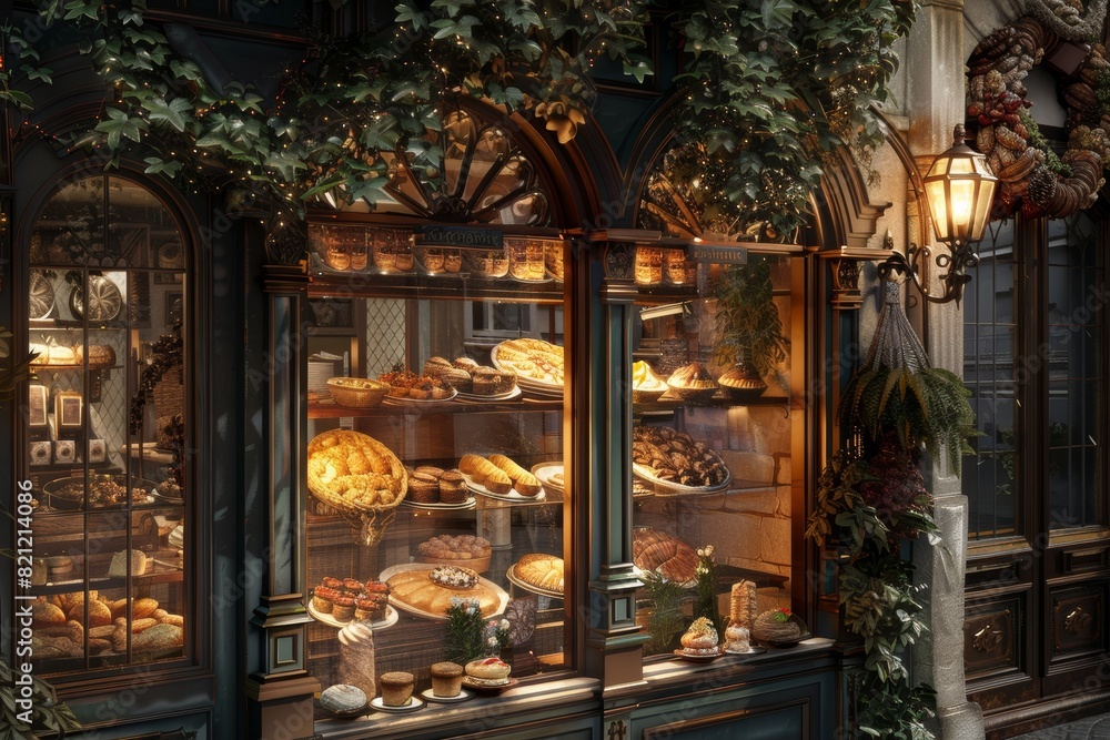 Classic European Patisserie with French Pastries Displayed in Elegant Window - Old World Charm for Posters and Cards