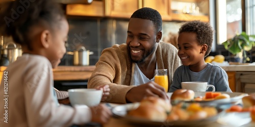 Relaxed dad and two boys laugh while sharing a breakfast table