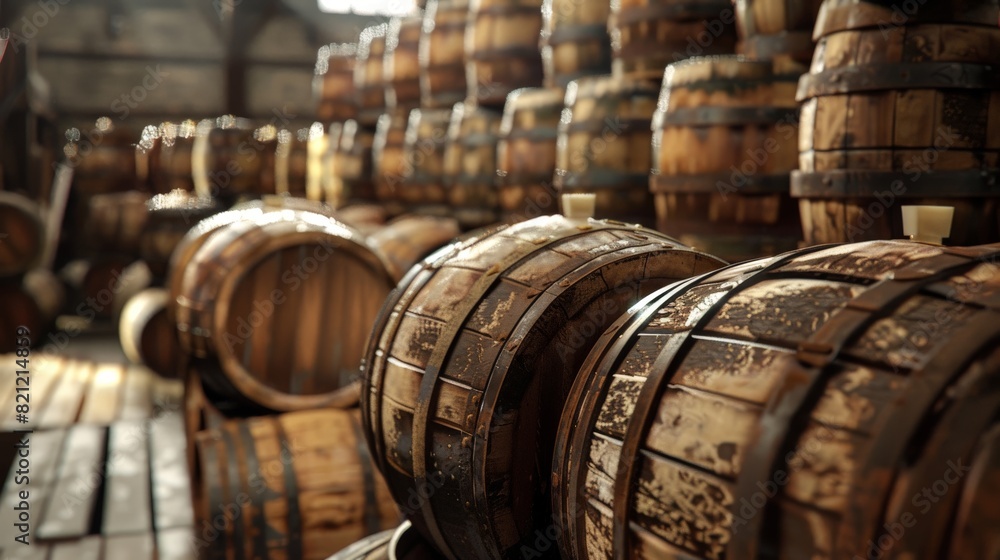 Barrels of whiskey, bourbon and wine at the aging plant. Barrels of whiskey, bourbon and wine at the aging plant.