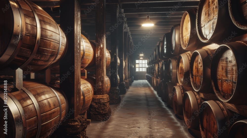 Barrels of whiskey, bourbon and wine at the aging plant.